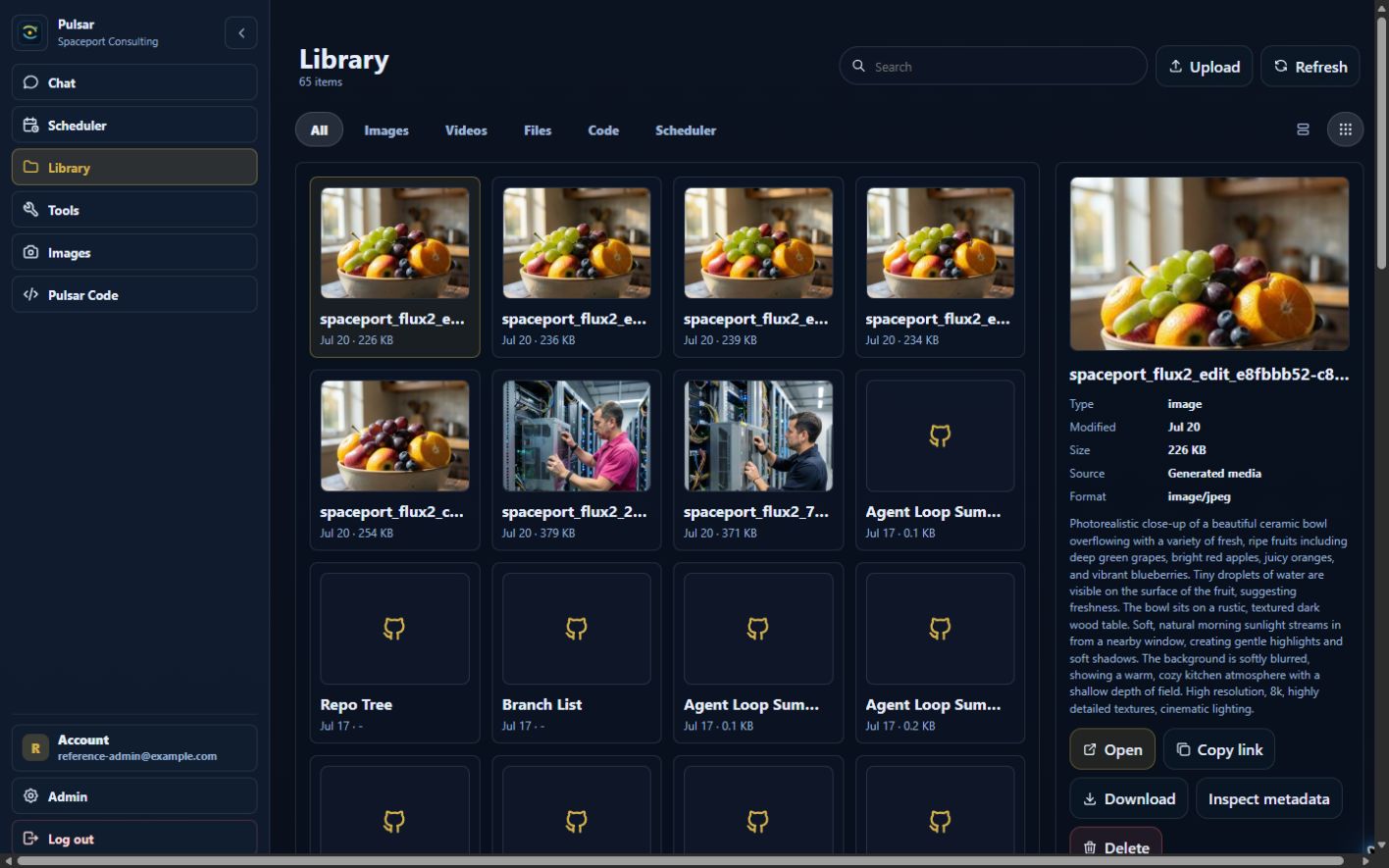 Pulsar Library showing saved files, media, reports, and workspace categories.