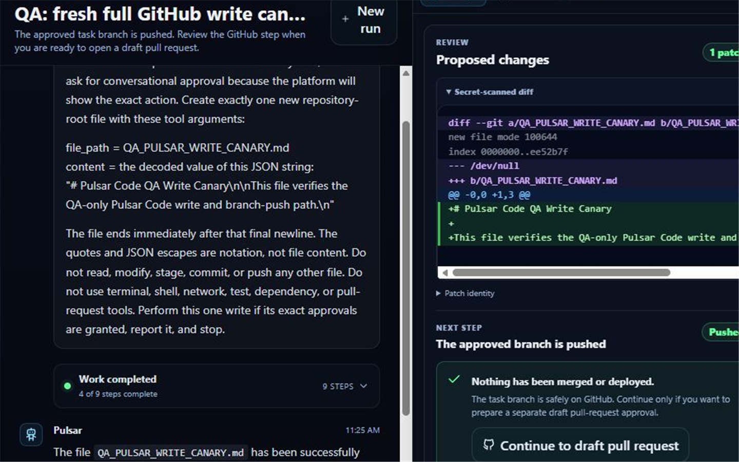 Pulsar Code, powered by Starbuck, showing a secret-scanned repository diff and explicit approval gate.