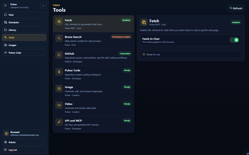 Pulsar Tools showing governed capabilities and their current availability status.