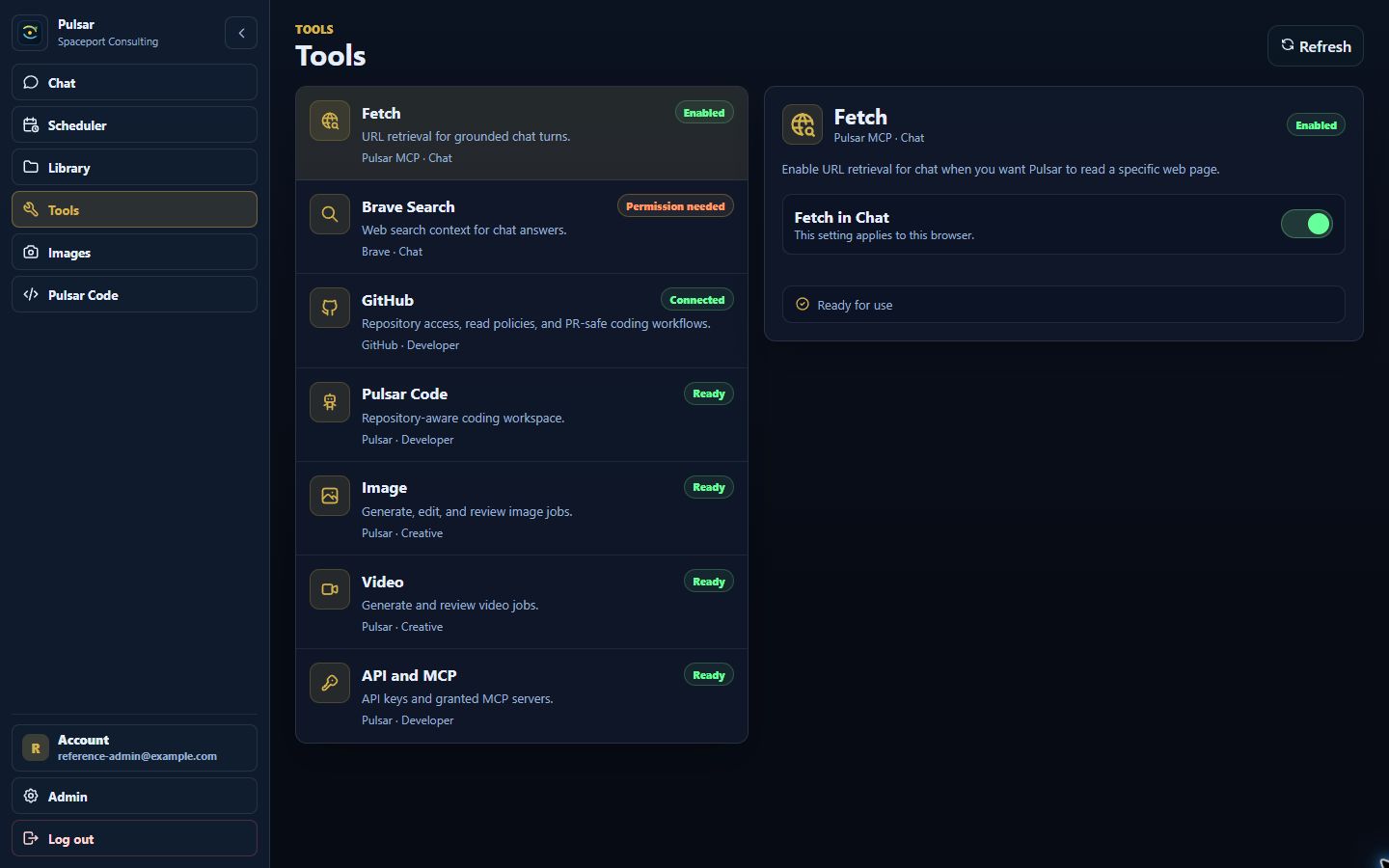 Pulsar Tools showing governed capabilities and their current availability status.